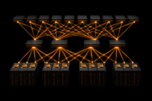 Abstract visualization of a non-blocking network topology with glowing data pathways